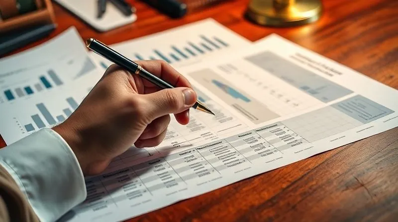 photorealistic, professional photography, 8K, cinematic lighting, sharp focus, depth of field, shot on a high-end DSLR. A detailed spreadsheet with financial figures, charts, and legal documents laid out on a mahogany desk. A hand holding a pen points to a section on 'Long-Term Care Costs'. The lighting is focused and professional, conveying meticulous planning.