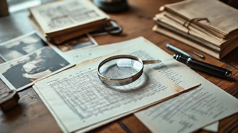 Photorealistic image of old photographs, handwritten letters, and a stack of legal documents spread out on a wooden table, with a magnifying glass resting on one document. Cinematic lighting, sharp focus on the details, depth of field blurring the background. Shot on a high-end DSLR, 8K hyper-detailed, professional photography.