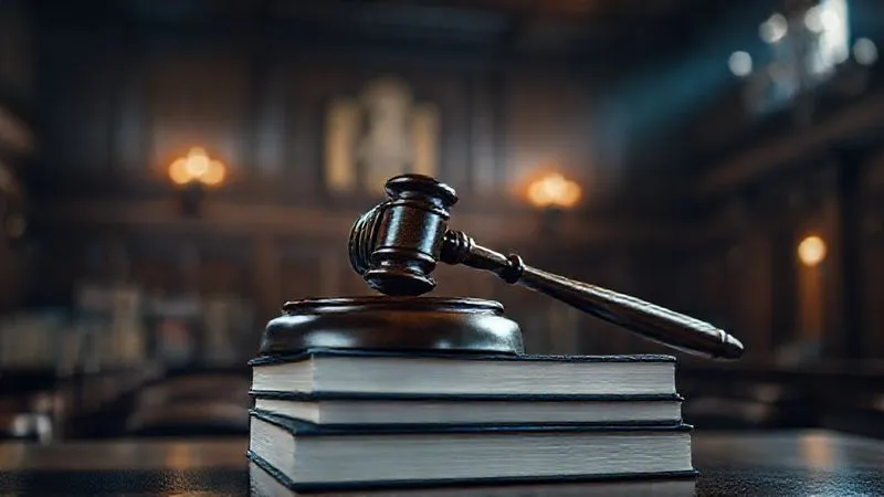 Photorealistic image of a gavel resting on a stack of legal books in a dimly lit, traditional courtroom setting. Cinematic lighting, sharp focus on the gavel, depth of field blurring the background. Shot on a high-end DSLR, 8K hyper-detailed, professional photography.