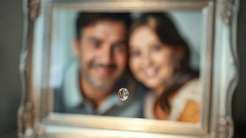 Photorealistic image of a blurred family portrait in a silver frame, with a single, clear teardrop falling onto the glass, reflecting soft light. Cinematic lighting, sharp focus on the teardrop, depth of field blurring the background. Shot on a high-end DSLR, 8K hyper-detailed, professional photography.