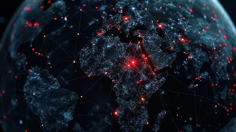 A photorealistic image of a complex web of interconnected lines and nodes stretching across a globe, with certain nodes highlighted in red, representing greenhouse gas emissions and their diffuse origins. The web is intricate and vast, with a sharp focus on the central nodes and a blurred background, cinematic lighting, 8K hyper-detailed, professional photography, shot on a high-end DSLR, illustrating the challenge of attributing climate change to individual state actions.