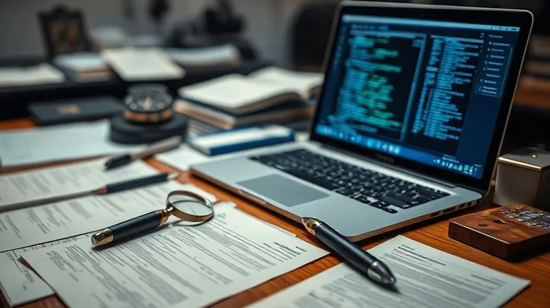A photorealistic image of a detective's desk, cluttered with documents, magnifying glass, and a laptop displaying forensic data. Cinematic lighting, sharp focus on the details, depth of field blurring the background, 8K, professional photography, shot on a high-end DSLR, conveying meticulous investigation and truth-seeking.