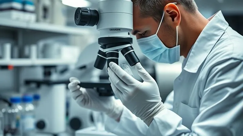 A photorealistic image of a forensic scientist in a sterile lab, wearing gloves and examining a biological sample under a high-powered microscope. Advanced lab equipment in the background, sharp focus on the scientist's hands and the microscope, cinematic lighting, 8K, professional photography, shot on a high-end DSLR, conveying meticulous scientific investigation and precision.