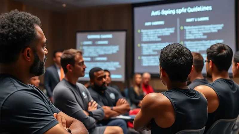 A photorealistic image of a diverse group of athletes attentively listening to a legal expert speaking at a seminar, projected anti-doping guidelines on a screen behind them. Professional photography, 8K, cinematic lighting, sharp focus on the speaker and engaged athletes, depth of field blurring the background, shot on a high-end DSLR, conveying education and proactive measures in sports integrity.