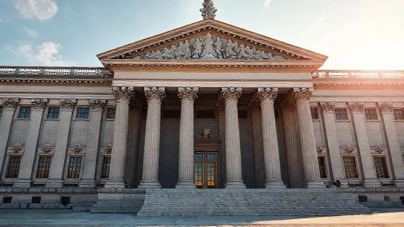 photorealistic, professional photography, 8K, cinematic lighting, sharp focus, depth of field, shot on a high-end DSLR, a grand, imposing facade of a courthouse or arbitration building, with intricate architectural details, conveying authority and gravitas. The building is bathed in morning light, symbolizing the pursuit of justice.