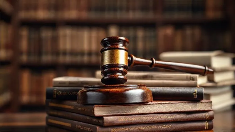 A photorealistic image of a vintage wooden gavel resting on a stack of scientific journals and legal texts, with a blurred background suggesting a courtroom or library. Cinematic lighting highlights the gavel and the titles of the books, sharp focus, depth of field. Shot on a high-end DSLR, 8K hyper-detailed, professional photography.