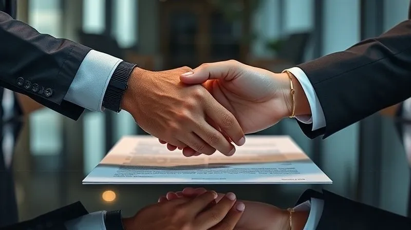 Photorealistic, professional photography, 8K, cinematic lighting, sharp focus, depth of field, shot on a high-end DSLR of two hands, one clearly representing an athlete (perhaps with subtle athletic gear or a watch), the other a corporate executive, shaking hands over a sleek, modern conference table with a blurred legal document between them. The lighting is balanced and professional, conveying a resolved negotiation rather than conflict.