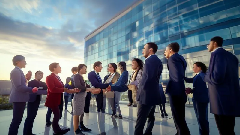 A photorealistic image of a diverse group of individuals in a collaborative, professional setting, shaking hands and smiling, with a clear, modern building in the background. The scene suggests successful negotiation, partnership, and a positive working relationship with regulatory bodies. 8K, cinematic lighting, sharp focus on the handshake, depth of field, shot on a high-end DSLR.