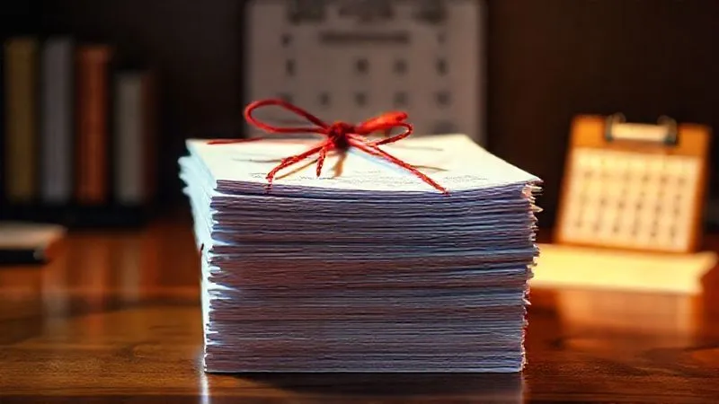 Photorealistic, professional photography, 8K, cinematic lighting, sharp focus, depth of field, shot on a high-end DSLR. A stack of immigration forms tied with a red ribbon, placed on a polished wooden desk, with a calendar in the background highlighting a rapidly approaching court date. The lighting is dramatic, emphasizing the urgency and the weight of the documents. A subtle, warm glow emanates from behind the forms, symbolizing hope amidst pressure.