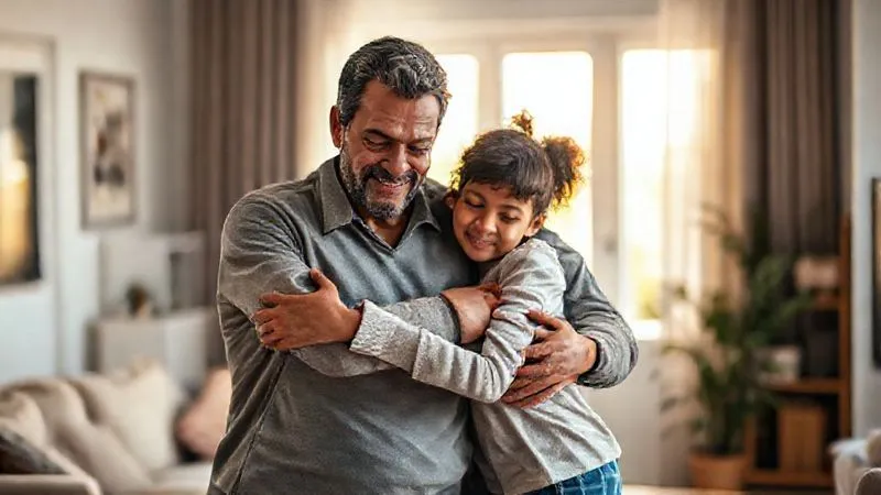 Photorealistic, professional photography, 8K, cinematic lighting, sharp focus, depth of field, shot on a high-end DSLR. A diverse family (parents and two children) embracing tightly, their faces showing a mix of relief and profound love. They are standing in a softly lit, modern living room, with warm light filtering through a window. The focus is on their emotional connection, with the background slightly blurred to emphasize their unity. The scene conveys protection, safety, and the end of a long struggle.
