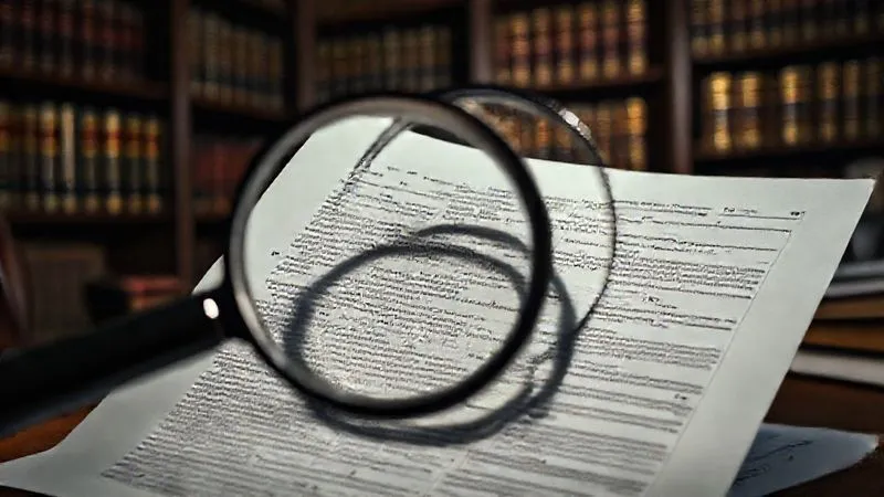 Photorealistic, professional photography, 8K, cinematic lighting, sharp focus, depth of field, shot on a high-end DSLR. A magnifying glass hovering over a dense, multi-page legal document with intricate legal jargon and signatures, casting a strong shadow. The background is a dimly lit, professional office with shelves of law books, conveying complexity, attention to detail, and the need for expert scrutiny in legal matters.