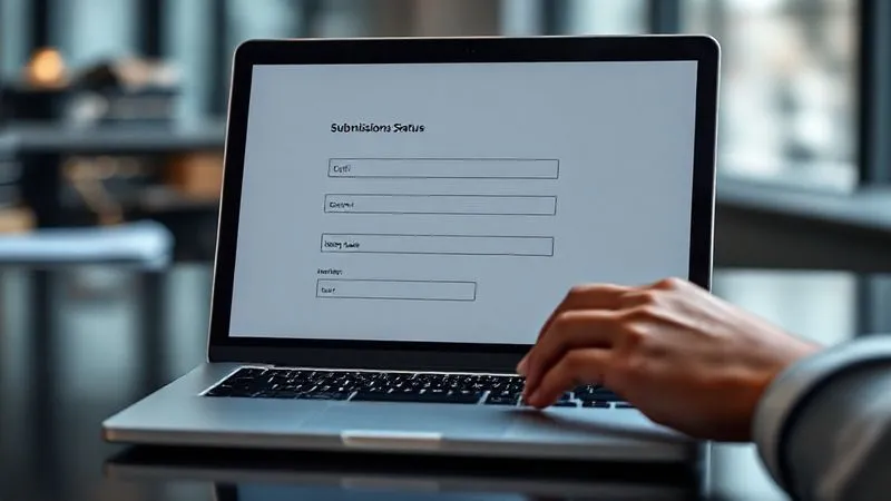 photorealistic, professional photography, 8K, cinematic lighting, sharp focus, depth of field, shot on a high-end DSLR, a modern laptop displaying a digital form with fields for 'ICPC Case Number' and 'Submission Status,' with a blurred background of a hand typing on a keyboard, conveying efficiency and digital processing in a legal context.