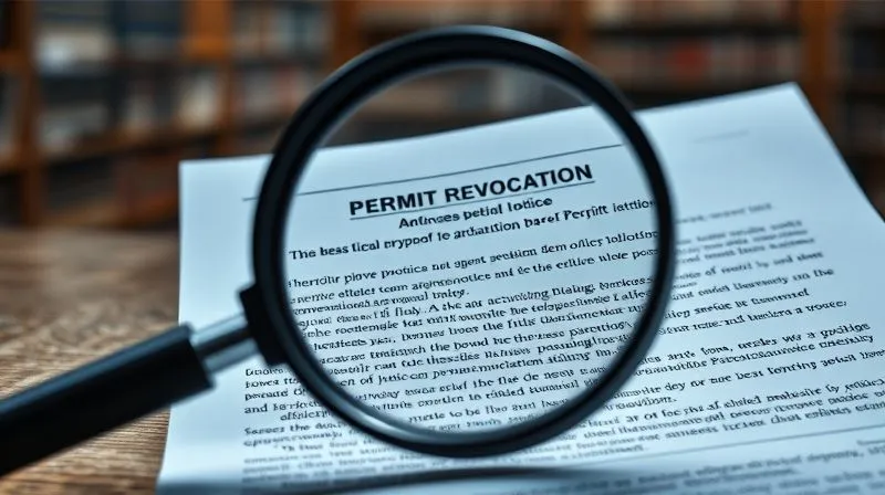 A photorealistic image of a magnifying glass hovering over a complex, official-looking administrative permit revocation notice, highlighting specific legal jargon, with a blurred background of a legal library. The focus is on clarity and scrutiny, 8K, cinematic lighting, sharp focus, depth of field, shot on a high-end DSLR.