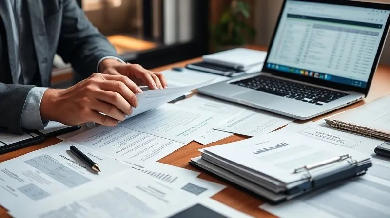 A photorealistic image of a well-organized desk covered with neatly arranged legal documents, folders, and a laptop displaying a spreadsheet. A focused individual's hands are sifting through papers, symbolizing meticulous evidence gathering and preparation. Soft, natural light illuminates the scene, conveying diligence and professionalism, 8K, cinematic lighting, sharp focus, depth of field, shot on a high-end DSLR.