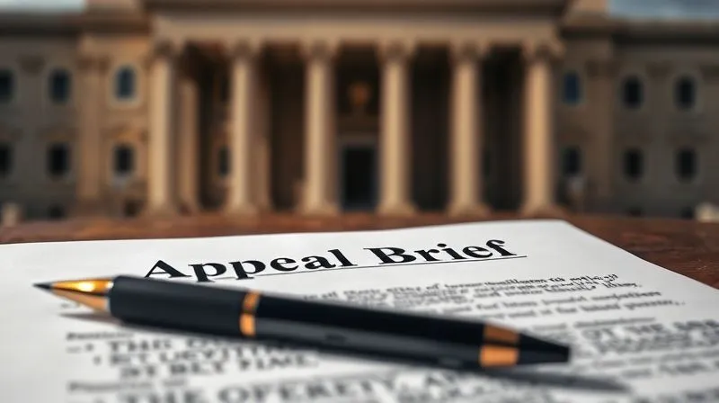 A photorealistic image of a legal document titled 'Appeal Brief' with a pen poised over it, symbolizing the continuation of a legal battle. The background shows a blurred image of a courthouse or a stately government building, conveying the gravity and formality of the appeal process, 8K, cinematic lighting, sharp focus, depth of field, shot on a high-end DSLR.