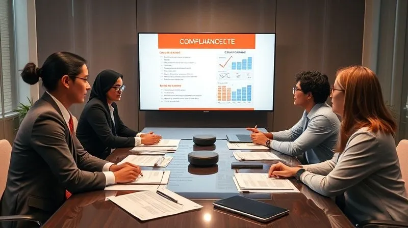A photorealistic image of diverse professionals collaborating around a large monitor displaying a compliance checklist, with various legal and regulatory documents spread across a modern conference table. The atmosphere is proactive and diligent, emphasizing teamwork in maintaining regulatory adherence, 8K, cinematic lighting, sharp focus, depth of field, shot on a high-end DSLR.