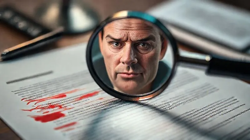 photorealistic, professional photography, 8K, cinematic lighting, sharp focus, depth of field, shot on a high-end DSLR, a magnifying glass hovering over a blurred legal document with red ink, highlighting a section, symbolizing scrutiny and the search for discrepancies, with a worried expression reflected in the glass, cool, sterile lighting