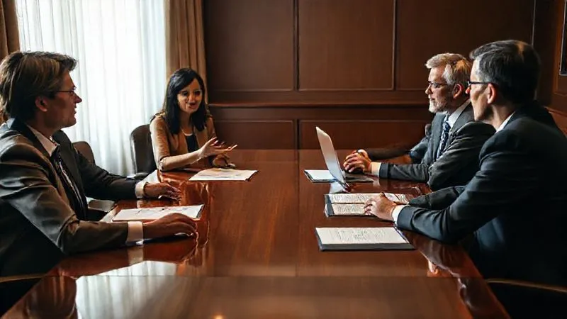 photorealistic, professional photography, 8K, cinematic lighting, sharp focus, depth of field, shot on a high-end DSLR, a diverse group of four individuals, two on each side of a polished conference table, engaged in a serious discussion, one person gestures with an open hand, legal documents and a laptop are on the table, warm but formal lighting, symbolizing an administrative hearing or mediation