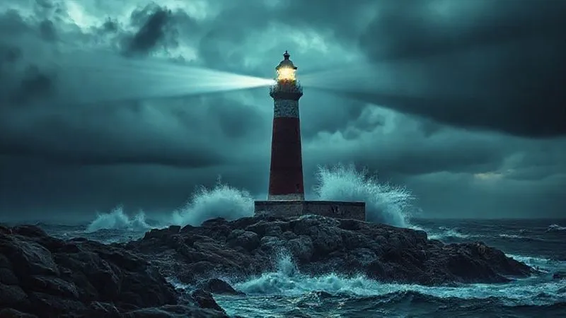 photorealistic, professional photography, 8K, cinematic lighting, sharp focus, depth of field, shot on a high-end DSLR, a majestic lighthouse on a rugged coastline, its powerful beam cutting through a dark, stormy sea, symbolizing guidance, hope, and safety amidst challenges, dramatic clouds, strong waves crashing, with a sense of resilience and protection