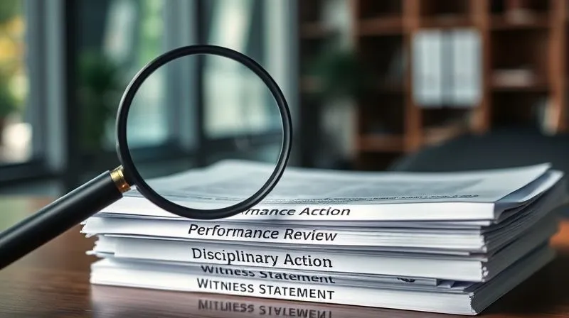 A photorealistic image of a magnifying glass hovering over a stack of neatly organized documents, with labels like 'Performance Review', 'Disciplinary Action', and 'Witness Statement'. The focus is sharp on the documents, with a professional office background slightly blurred, cinematic lighting, 8K, shot on a high-end DSLR.