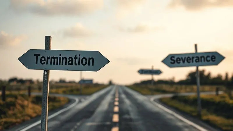 A photorealistic image of a crossroads with multiple signs pointing in different directions, one clearly labeled 'Termination' and others with 'PIP', 'Mediation', 'Severance'. The scene is professional, well-lit, symbolizing strategic choices, 8K, sharp focus, depth of field, professional photography, shot on a high-end DSLR.