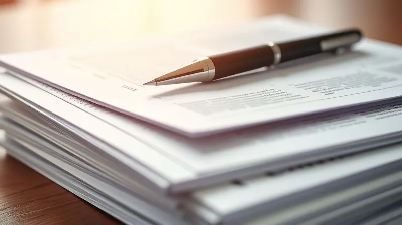 A photorealistic image of a stack of legal documents with a pen resting on top, illuminated by soft, focused light, conveying a sense of careful preparation and attention to detail, depth of field, shot on a high-end DSLR.