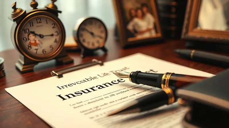 A photorealistic close-up of a meticulously organized desk with a vintage fountain pen resting on a legal document titled 'Irrevocable Life Insurance Trust', alongside a small, antique clock and a framed photograph of a family. The lighting is warm and cinematic, suggesting foresight and enduring legacy, sharp focus on the document, depth of field blurring the background, 8K hyper-detailed, shot on a high-end DSLR.