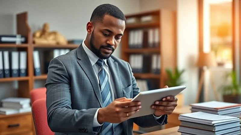 Photorealistic image of a professional trustee, a diverse individual in business attire, meticulously reviewing a ledger and digital financial statements on a tablet, surrounded by organized files in a modern, well-lit office. The scene emphasizes diligence, precision, and expertise in managing complex financial accounts, sharp focus on the ledger, depth of field blurring the background, 8K hyper-detailed, shot on a high-end DSLR.