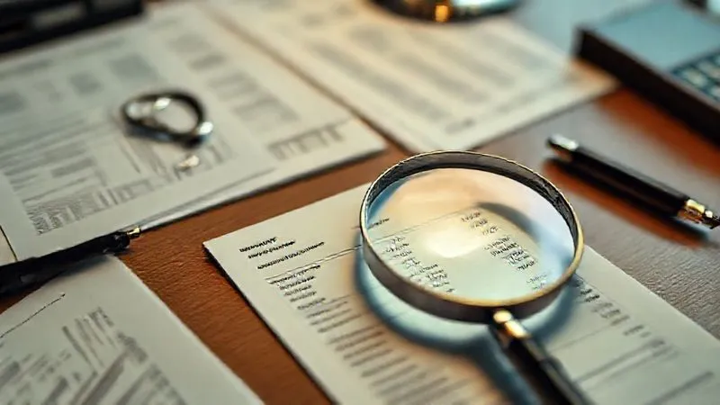 Photorealistic, professional photography, 8K, cinematic lighting, sharp focus, depth of field, shot on a high-end DSLR. A close-up of a meticulously organized desk with several financial documents, some slightly askew, and a magnifying glass resting on a bank statement showing an unusual transaction. The lighting is crisp and highlights small details, suggesting careful scrutiny and the uncovering of discrepancies.