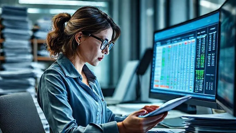 Photorealistic, professional photography, 8K, cinematic lighting, sharp focus, depth of field, shot on a high-end DSLR. A female forensic accountant in a modern office, surrounded by stacks of financial documents, meticulously examining a spreadsheet on a large monitor. She wears glasses, her brow furrowed in concentration, with a calculator and a pen close at hand. The lighting is bright and focused, emphasizing the detail and precision of her work.