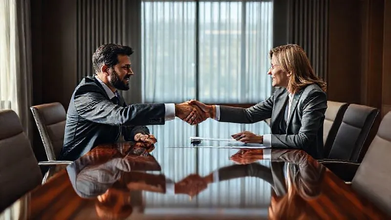 Photorealistic, professional photography, 8K, cinematic lighting, sharp focus, depth of field, shot on a high-end DSLR. Two professionals, a lawyer and a client, are seated across a polished conference table, shaking hands after reviewing a document. The client has a relieved expression, and the lawyer looks professional and reassuring. A well-organized, modern law office setting, with soft, natural light streaming through a window. The focus is on the handshake and the clear, respectful interaction.