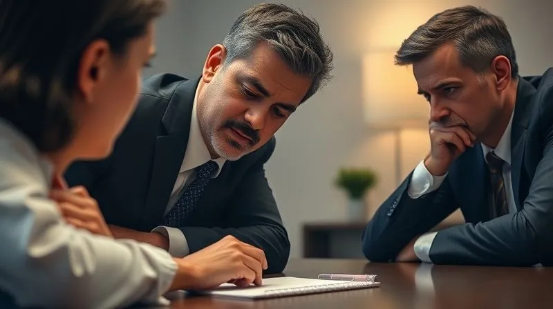 photorealistic, professional photography, 8K, cinematic lighting, sharp focus, depth of field, shot on a high-end DSLR. A criminal defense attorney with a calm, empathetic expression, leaning slightly forward across a table, making eye contact with a client whose face is partially obscured but shows signs of apprehension. A legal notepad and pen are between them, symbolizing communication and documentation. The setting is a professional, softly lit office.