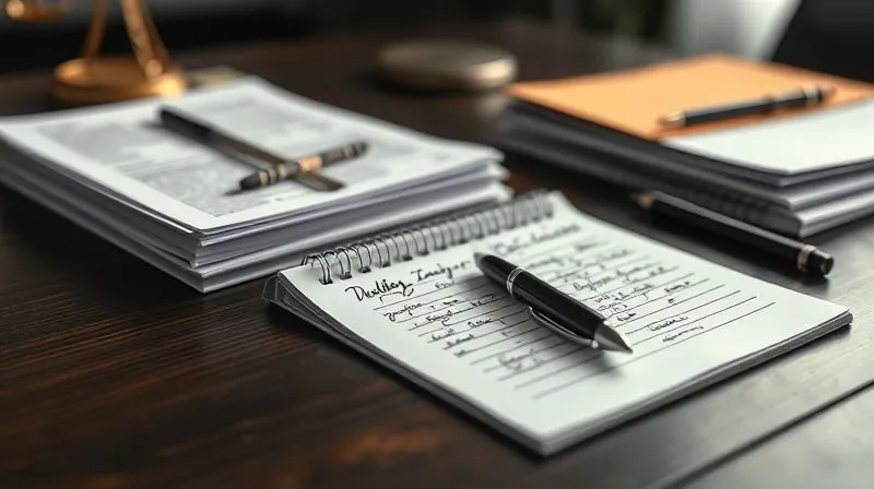 photorealistic, professional photography, 8K, cinematic lighting, sharp focus, depth of field, shot on a high-end DSLR. A legal pad filled with handwritten notes, a pen, and a stack of legal documents are neatly arranged on a dark wooden desk. A subtle, out-of-focus background suggests a busy but organized legal office. The image conveys diligence, meticulous record-keeping, and the weight of legal work.