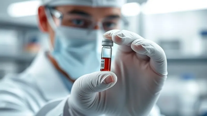 A photorealistic image of a forensic scientist in a sterile lab, wearing gloves and mask, carefully handling a small vial containing a DNA sample. The background shows blurred lab equipment with soft, clinical lighting. Sharp focus on the vial and the scientist's hands, depth of field. 8K hyper-detailed, professional photography, cinematic lighting, shot on a high-end DSLR.