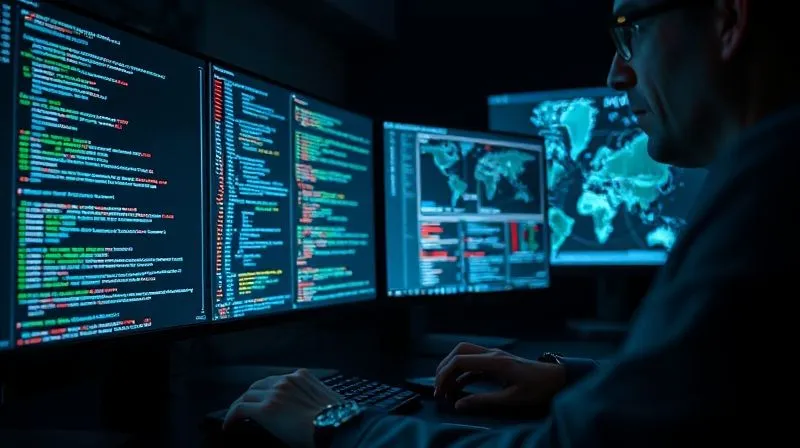 A photorealistic image showing a digital forensics expert meticulously examining lines of code and network logs on multiple high-definition monitors in a dimly lit, secure control room. The screen displays complex data visualizations and threat maps. Professional photography, 8K, cinematic lighting, sharp focus on the expert's hands and screens, depth of field blurring the background, shot on a high-end DSLR, conveying deep analysis and precision.