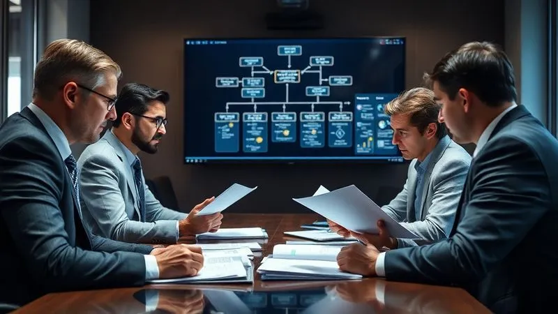 A photorealistic, professional photography image of a legal team intently reviewing documents and strategy notes in a modern, well-lit conference room. A large monitor in the background displays a flow chart of communication protocols. Cinematic lighting, sharp focus on the team members and documents, depth of field, 8K hyper-detailed, shot on a high-end DSLR.