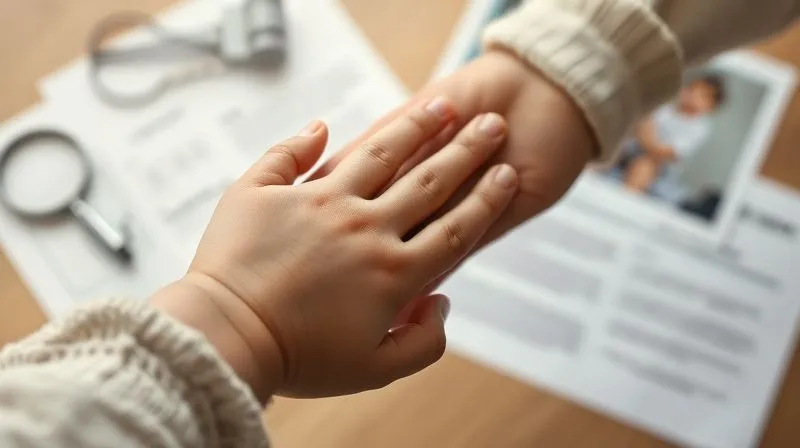 Photorealistic, professional photography, 8K, cinematic lighting, sharp focus, depth of field, shot on a high-end DSLR. A warm, softly lit image of a child's hand gently clasping an adult's finger, symbolizing attachment and security. In the background, subtly blurred, are legal documents and a family photo, representing the evidence and stakes involved in a contested adoption proceeding. The focus is on the tender connection.