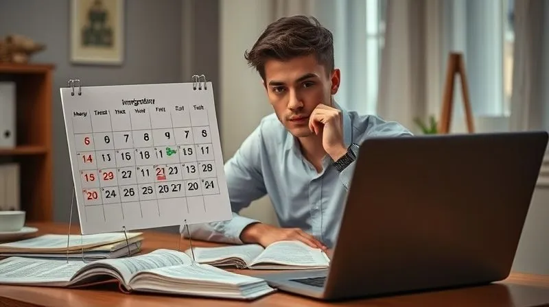 photorealistic, professional photography, 8K, cinematic lighting, sharp focus, depth of field, shot on a high-end DSLR. A young professional, sitting at a desk, looking thoughtfully at a calendar with marked dates, surrounded by open books and a laptop displaying immigration forms, conveying a sense of contemplation and strategic planning for future career steps amidst uncertainty.