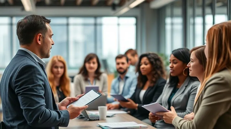 A photorealistic image of a diverse group of professionals in a modern office setting, participating in a training session on anti-retaliation policies. The instructor is engaging, and participants are actively taking notes. Cinematic lighting, sharp focus on the group, depth of field. 8K hyper-detailed, professional photography, shot on a high-end DSLR.