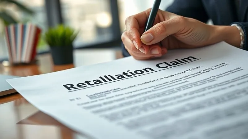 A photorealistic image of a legal document titled 'Retaliation Claim' being reviewed by a focused hand holding a pen, with blurred background elements suggesting a modern office. Cinematic lighting, sharp focus on the document and hand, depth of field. 8K hyper-detailed, professional photography, shot on a high-end DSLR.
