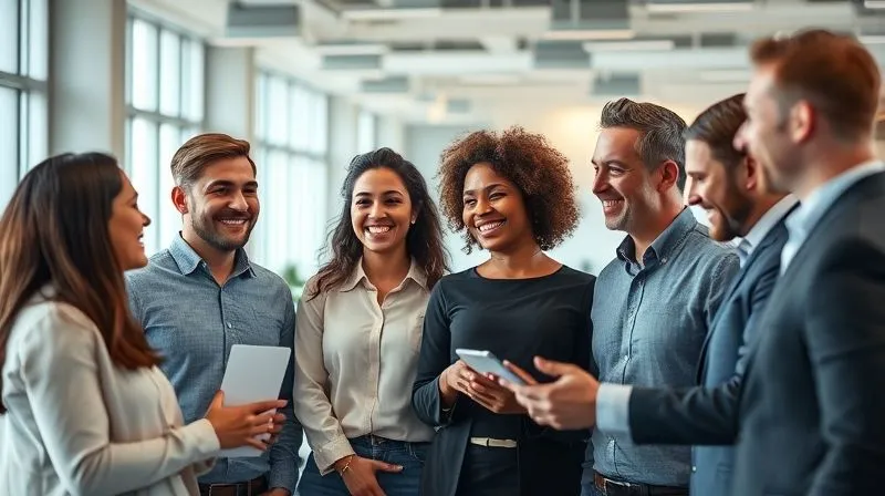 A photorealistic image of diverse employees collaborating positively in a modern, open-plan office, with a subtle overlay of abstract, interconnected lines representing strong communication and trust. Cinematic lighting, sharp focus on the smiling faces and interactions, depth of field. 8K hyper-detailed, professional photography, shot on a high-end DSLR.