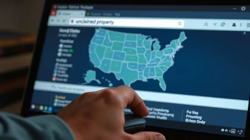 A photorealistic image of a person's hand using a computer mouse, navigating through a website with a search bar and results related to 'unclaimed property'. The screen shows a map of the United States with states highlighted, suggesting a national search. Cinematic lighting, sharp focus on the hand and screen, depth of field, 8K hyper-detailed, professional photography, shot on a high-end DSLR.