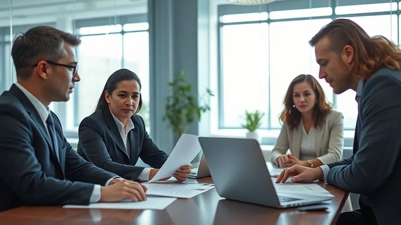 A photorealistic image of a diverse team of professionals (an attorney, a forensic accountant, and a private investigator) in a modern, well-lit office, collaborating around a table covered with documents and a laptop. They are discussing a complex case, with focused expressions. Professional photography, 8K, cinematic lighting, sharp focus on the team, depth of field, shot on a high-end DSLR.