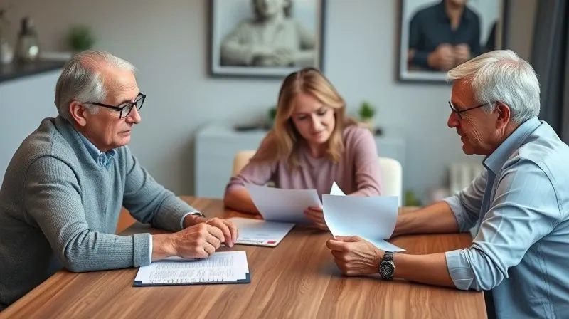 A photorealistic image of a family (an elderly couple and their adult children) sitting around a table with a financial advisor, reviewing documents and discussing estate planning. The atmosphere is calm and professional, suggesting proactive financial management. Professional photography, 8K, cinematic lighting, sharp focus on the family and documents, depth of field, shot on a high-end DSLR.