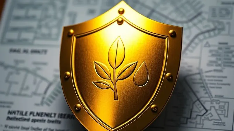 Photorealistic, professional photography, 8K, cinematic lighting, sharp focus, depth of field, shot on a high-end DSLR. A sturdy, intricately designed golden shield emblazoned with environmental symbols (like a leaf and water droplet), positioned in front of blurred, complex legal documents and a site map. The shield represents robust environmental insurance protecting against unforeseen liabilities. The lighting is strong and protective.