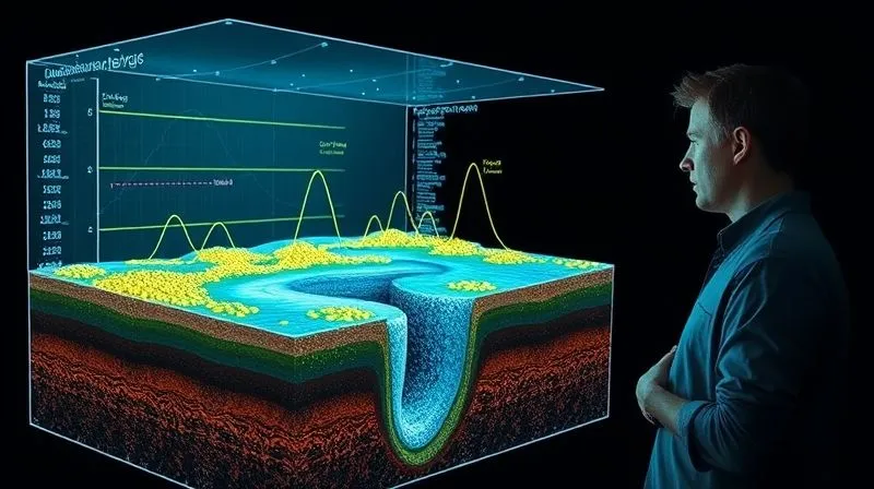Photorealistic, professional photography, 8K, cinematic lighting, sharp focus, depth of field, shot on a high-end DSLR. A holographic 3D projection of a subsurface geological model showing contaminant plumes and groundwater flow, with superimposed data points and trend lines. A focused environmental scientist or engineer is interacting with the projection on a dark background, symbolizing advanced data analytics and predictive modeling in environmental remediation.