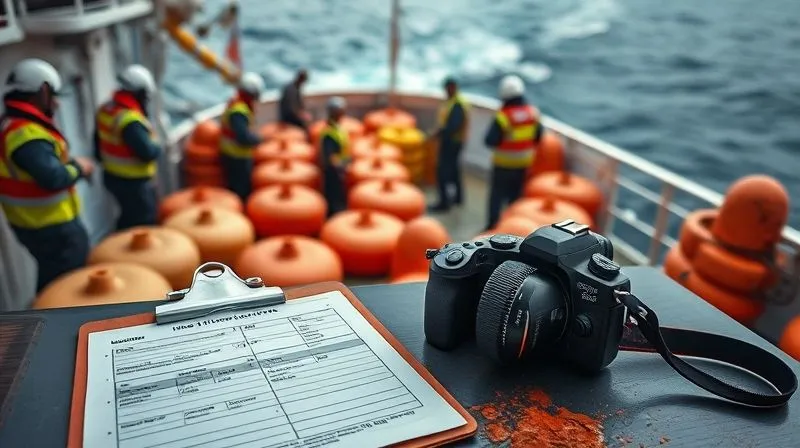A photorealistic, professional photography shot of a chaotic but organized scene on a ship's deck during an oil spill response. Crew members in protective gear are deploying containment booms. In the foreground, a clipboard with detailed incident logs and a digital camera capturing photos are visible on a table, emphasizing meticulous documentation. The ocean is visible in the background with a subtle oil slick. 8K, cinematic lighting, sharp focus, depth of field.