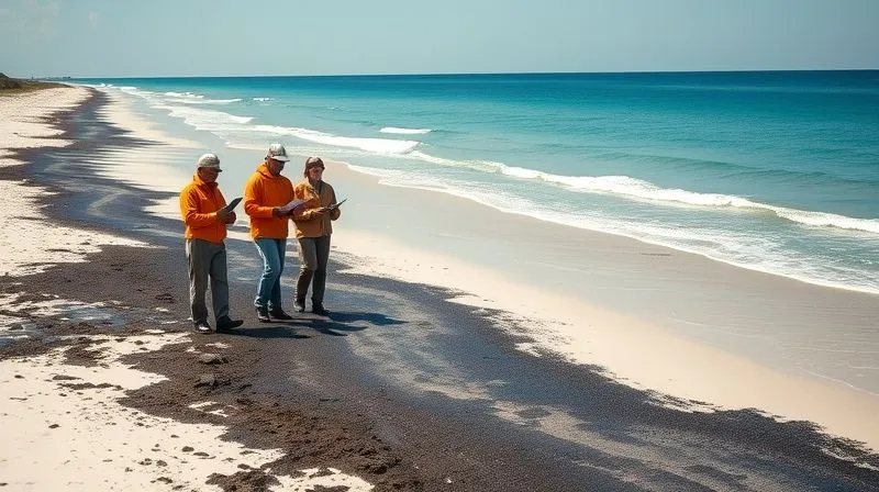 A photorealistic, professional photography shot of a pristine beach gradually transitioning into a shoreline visibly stained with thick, dark oil. In the foreground, a team of environmental scientists in field gear, with clipboards and testing equipment, are meticulously collecting samples and documenting the damage, conveying the gravity and complexity of environmental assessment. 8K, cinematic lighting, sharp focus on the scientists and polluted sand, depth of field blurring the distant, cleaner ocean.