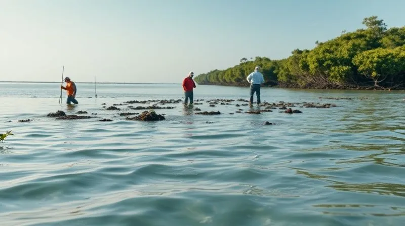 A photorealistic, professional photography shot of a coastal area undergoing environmental restoration after an oil spill. Specialized teams are seen planting new mangrove saplings in a reforested area, while others are monitoring water quality. The scene conveys hope and diligent effort towards ecological recovery, with clean, clear water in the foreground and a healthy, growing coastal ecosystem in the distance. 8K, cinematic lighting, sharp focus, depth of field.
