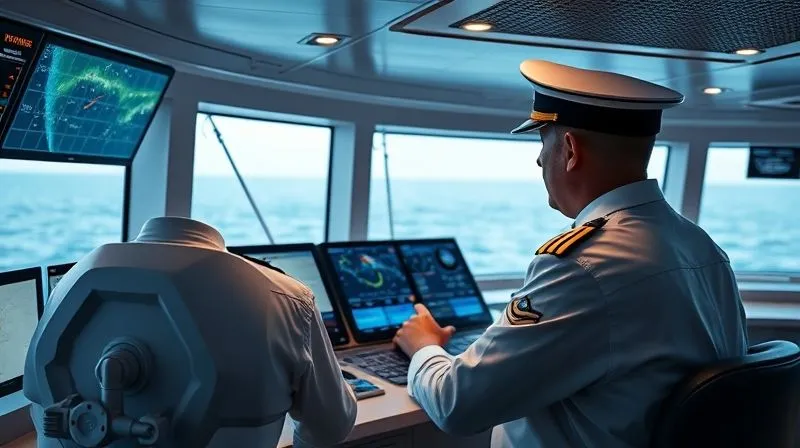 A photorealistic, professional photography shot inside a modern ship's bridge, showcasing advanced navigation and monitoring equipment. A captain and first officer are diligently observing screens displaying weather patterns, vessel routes, and real-time sensor data, emphasizing proactive risk management and technological prevention. The scene is well-lit, sharp focus on the control panels, depth of field blurring the distant ocean through the bridge windows. 8K, cinematic lighting.
